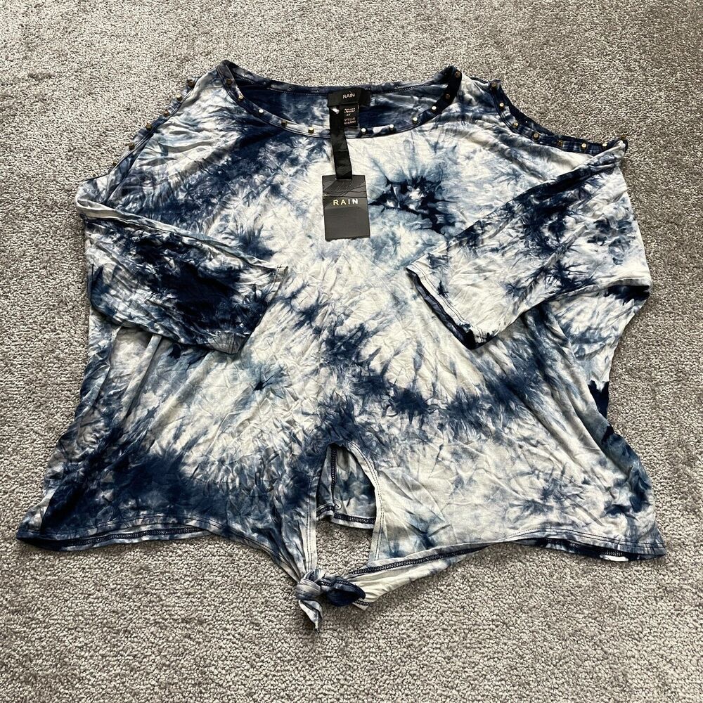 Rain Tie Dye Blouse Womens 2XL Blue Round Neck Cold Shoulder Studded NWT New